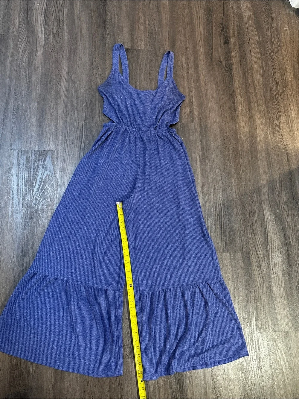 Anthro Style Blue Purple Textured Wide Leg Romper Boho Cutout Jumpsuit Size M